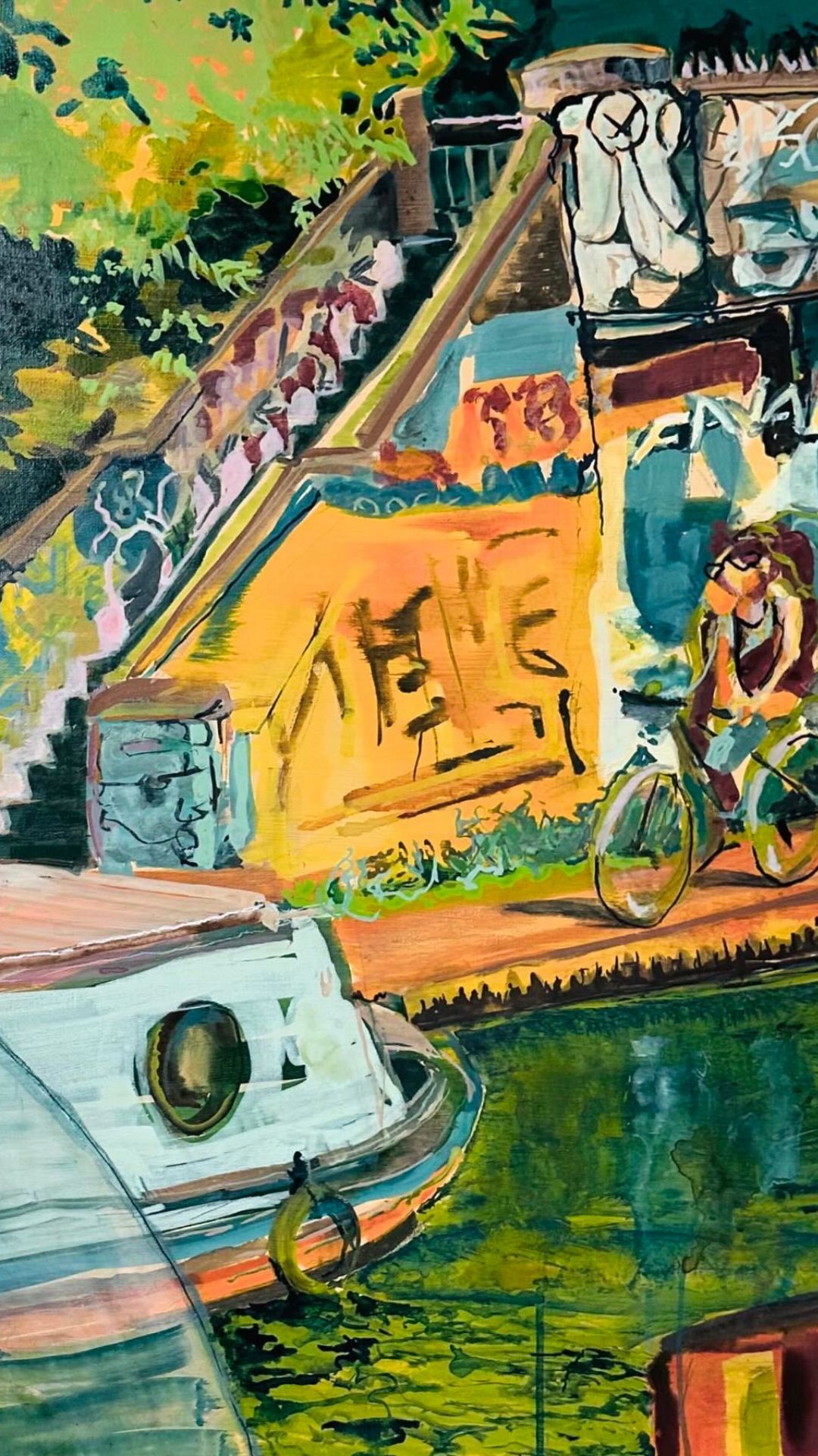 Vivid painting of the River Lea Navigation: a narrowboat moored beside a graffitied towpath with a cyclist, in greens and orange.