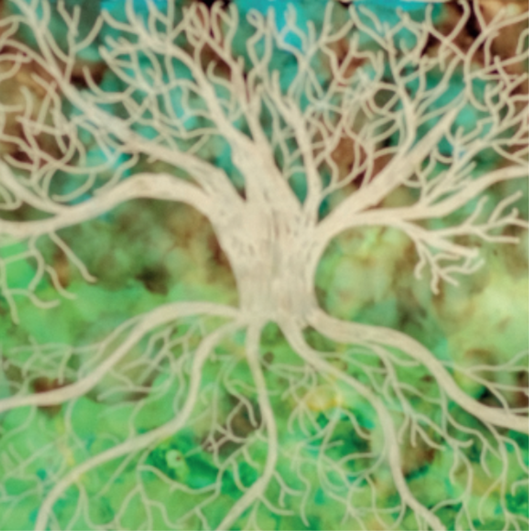 A painting of a white tree with spreading roots and branches on a green and teal background.
