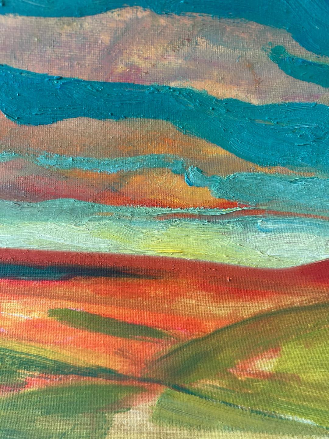 Textured oil painting of an abstract sunset landscape: teal sky, orange and red horizon, green rolling hills below.