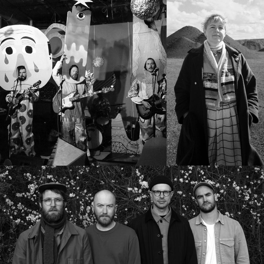 A montage of three band or artist photos. One image of a musician outdoor in front of a hill. A band of four musician against a forest backdrop. Finally three musician with instrument with three illustrated over sized illustrated character hats.