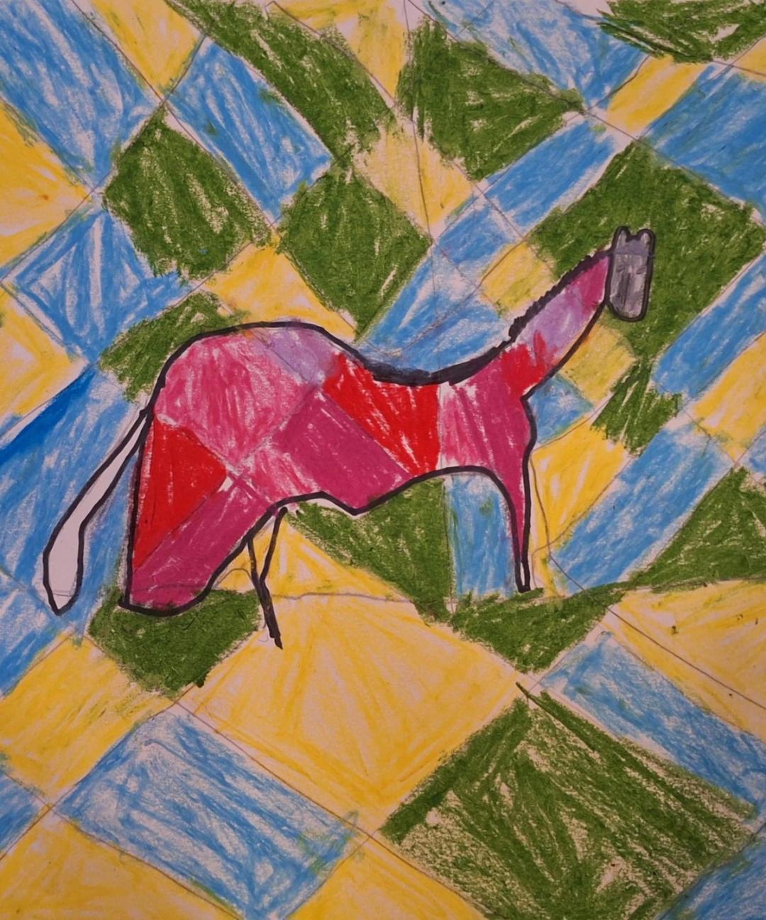 Child's crayon drawing of a pink and red horse on a bold diamond-patterned background in green, blue and yellow.