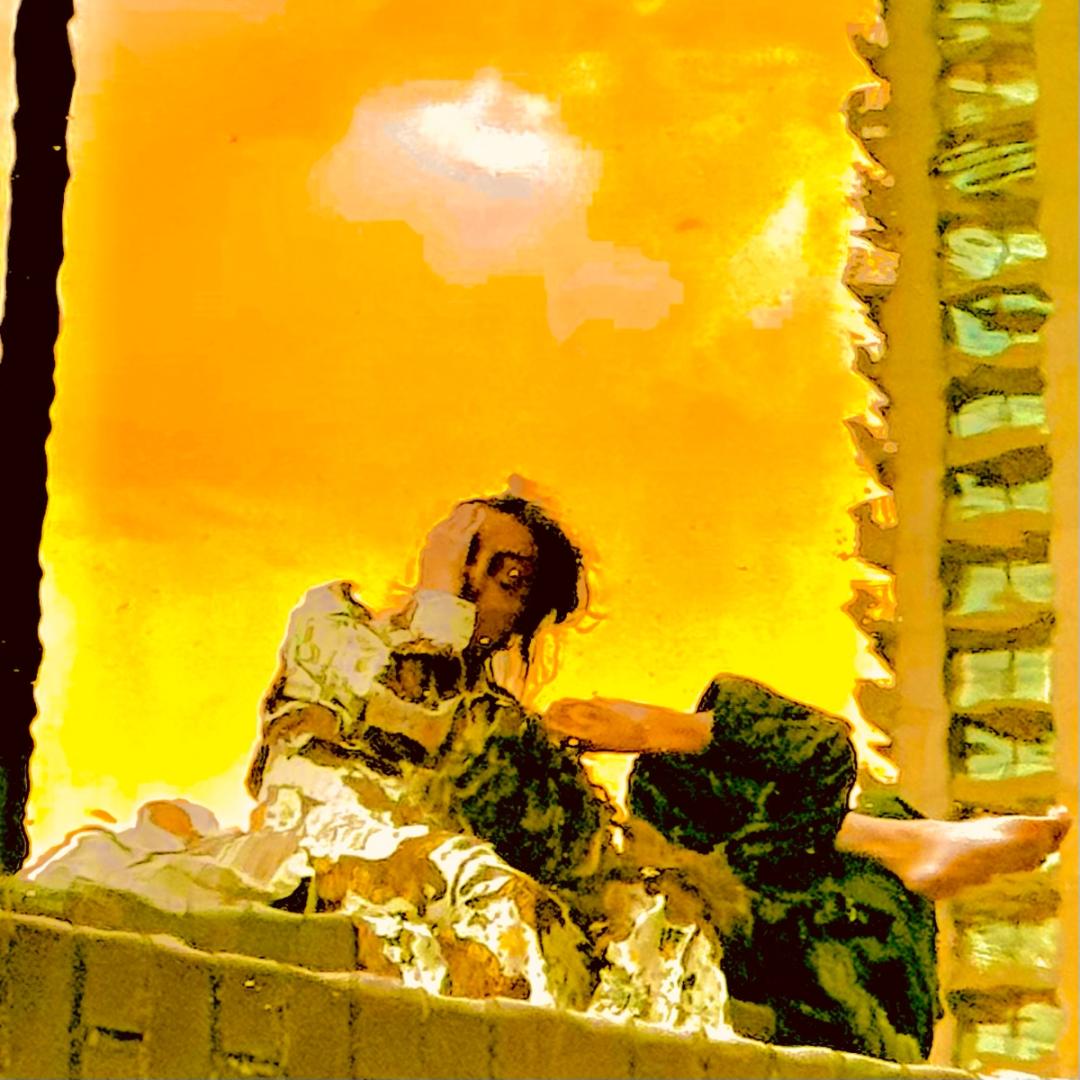 Photo of woman, reflected in circular pond at the Barbican Centre, vivid yellow sky.