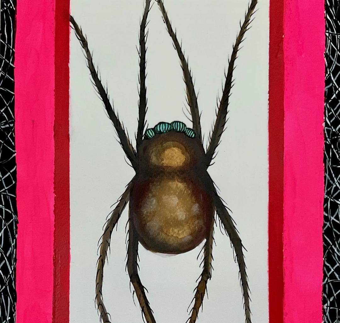 Fluorescent spider welcoming you to the Spider Shed.