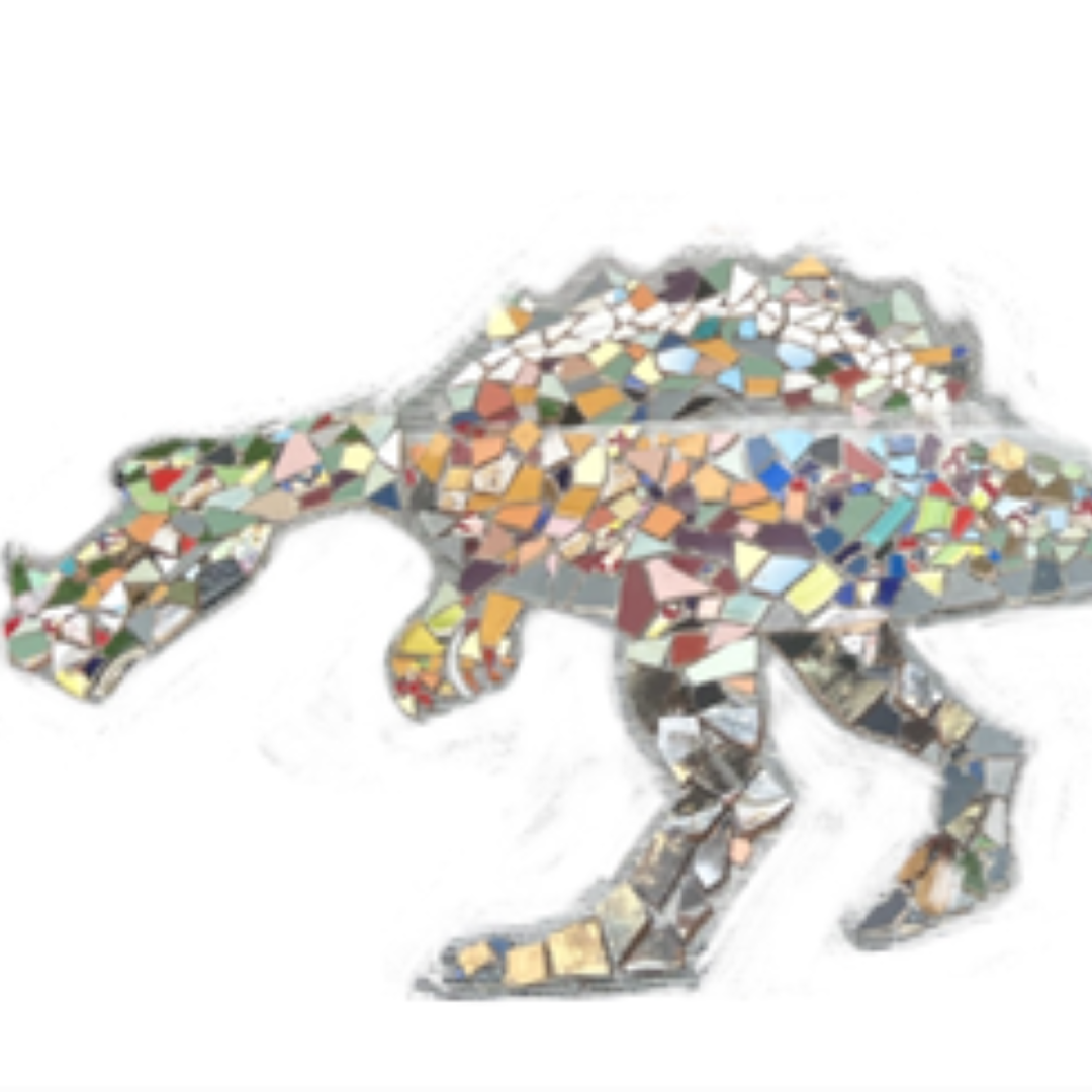 Community dinosaur mosaic made from broken tiles, ready to install in the garden
