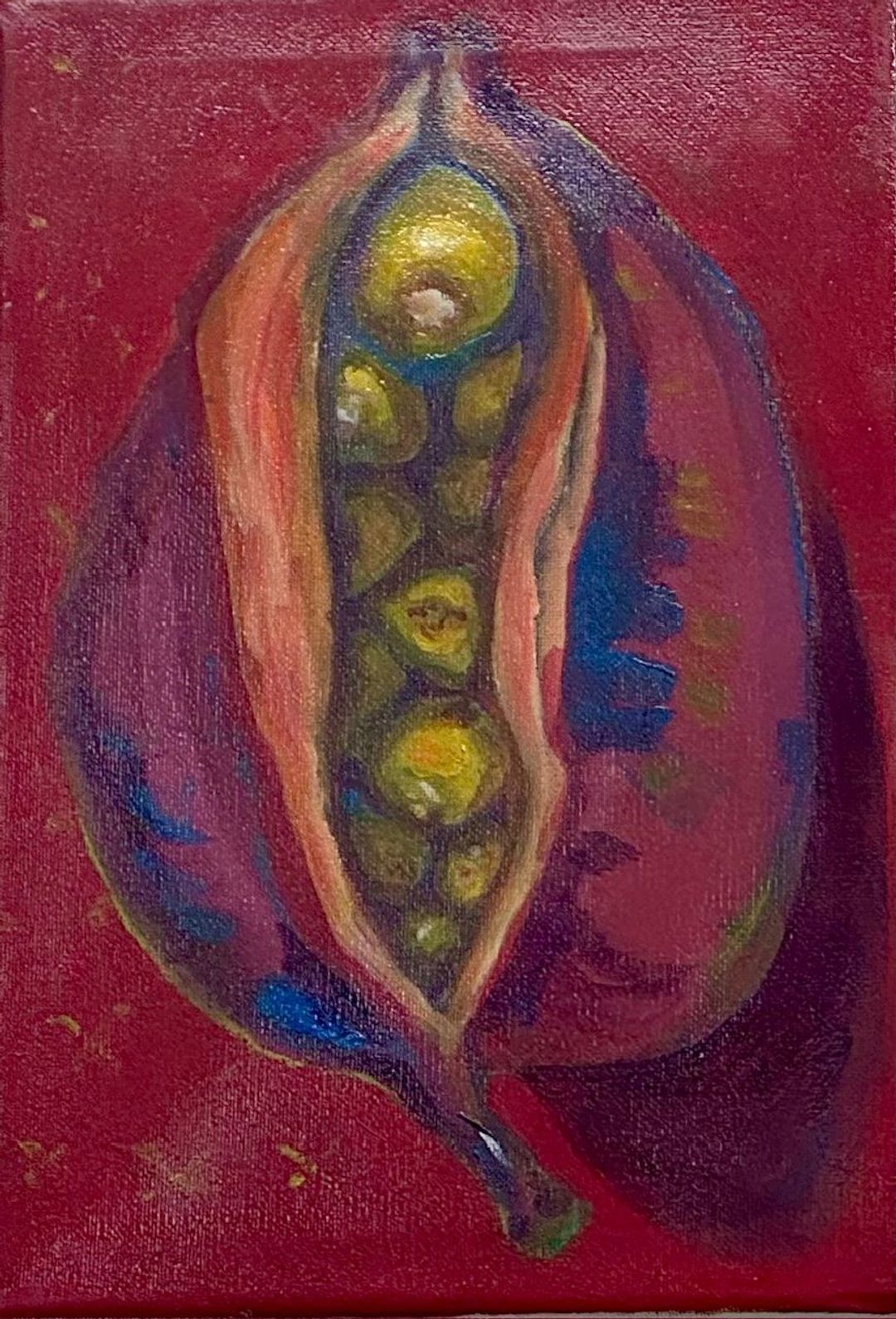 Oil painting of an open pea pod with glossy green peas, in rich purple and red tones on a maroon background.