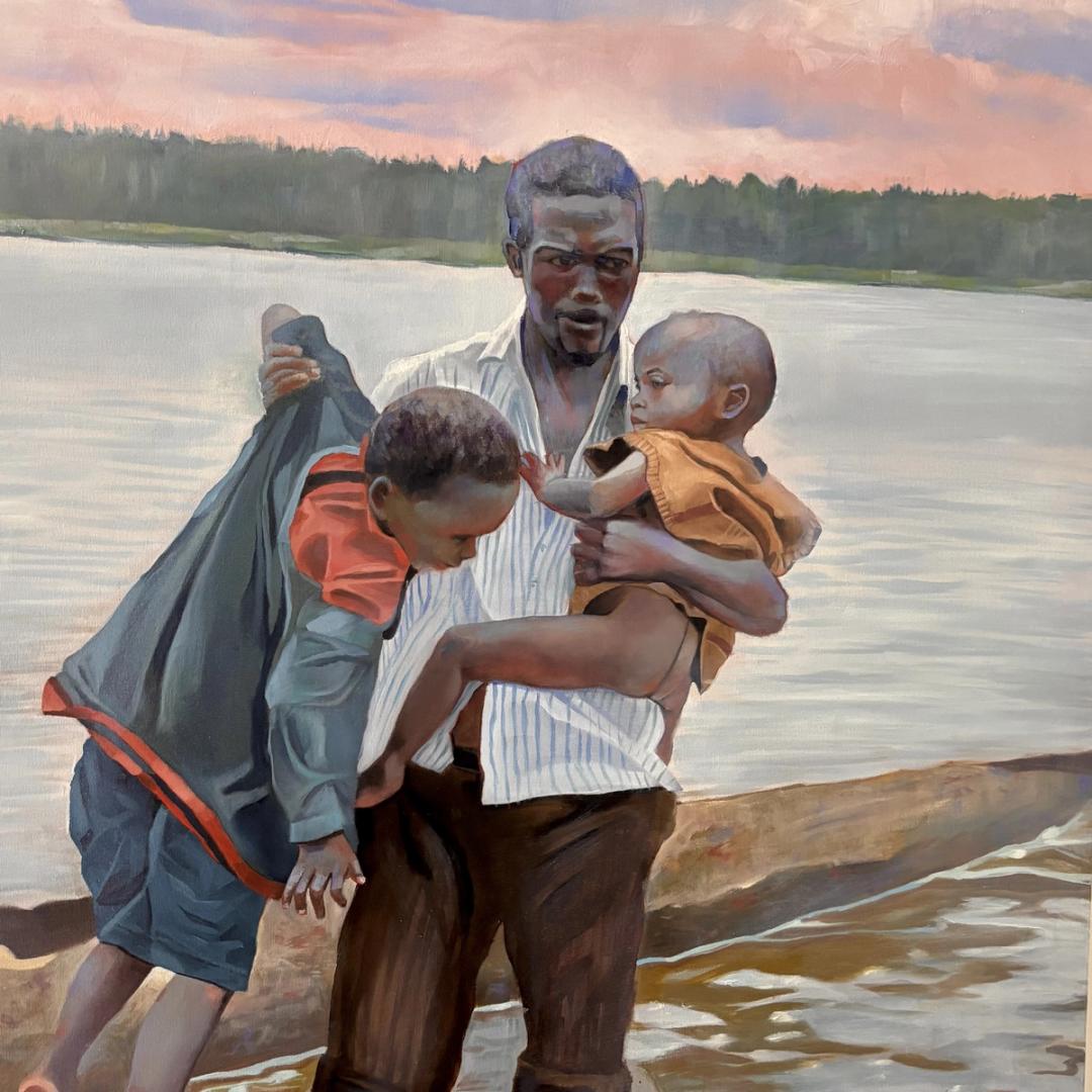 Oil painting of a man carrying two young children at a riverside at dusk, pink and purple clouds reflected on calm water.
