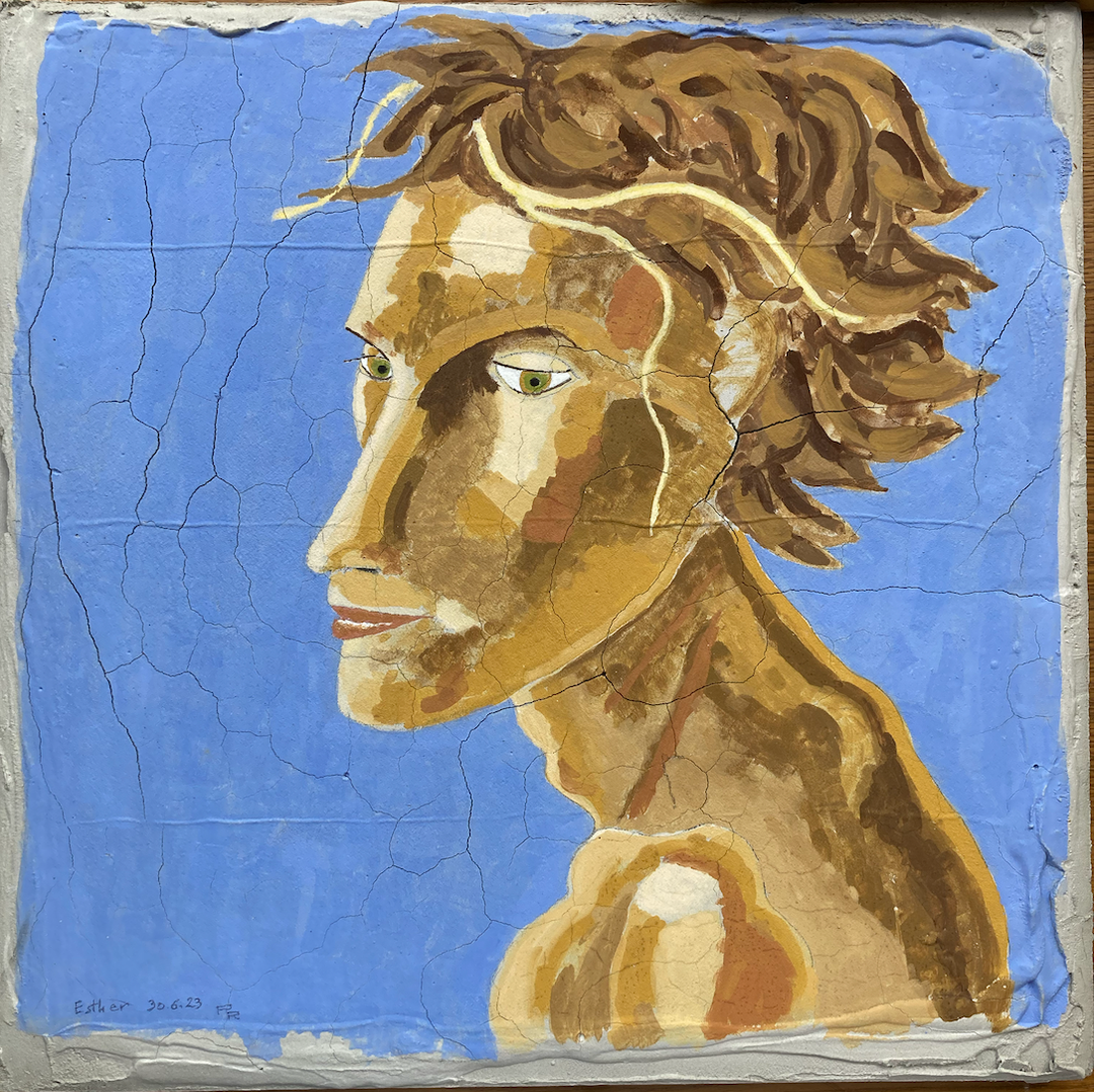 Cracked paint portrait of a profile figure with green eyes and brown curly hair on a cornflower blue background, inscribed "Esther 30.6.23".
