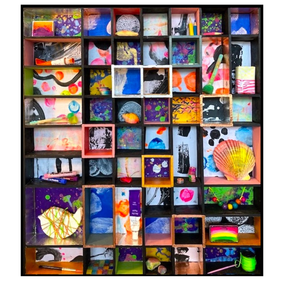 'A BIT OF US' - Wood, collage, paint, art bits and bobs. This 3D box filled with a mixture of art materials and paintings reflects the essence of our art club. It shows how valuable each mark the children make is and represents the variety of exploration, experimentation and fun our Art Stars have. The paper off-cuts are from their paintings they create communally, showing how wonderful things happen when we all work together.