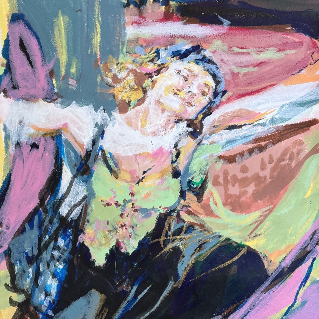 Expressive pastel painting of a reclining figure with flowers in their hair, in loose pink, green and blue brushstrokes.