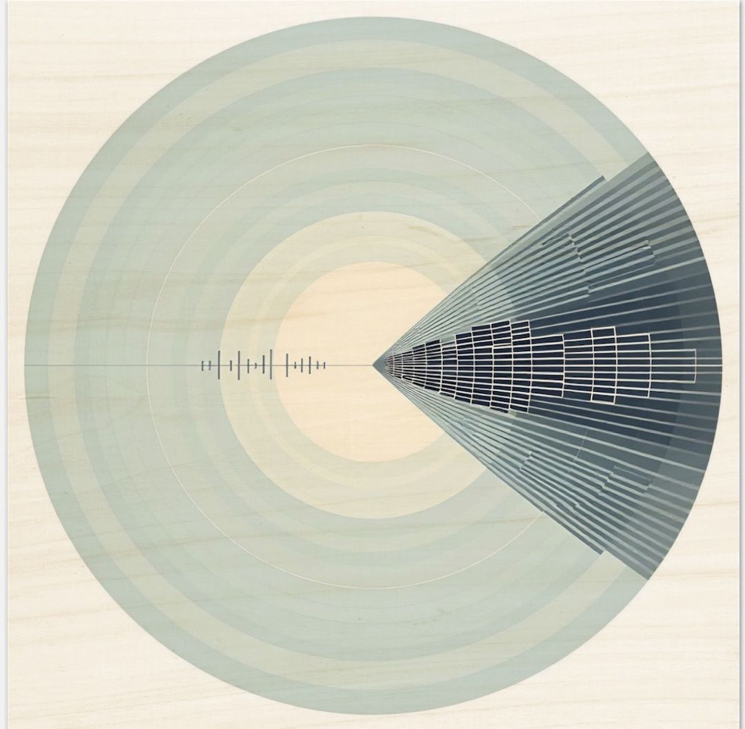 Concentric waves radiate from a triangular form, with sound-like markings, printed on birch wood to evoke echo, signal, and reflection.