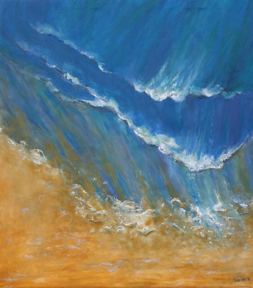 Oil painting of an aerial view of waves breaking on a sandy shore, in deep cobalt blue and golden sand tones.
