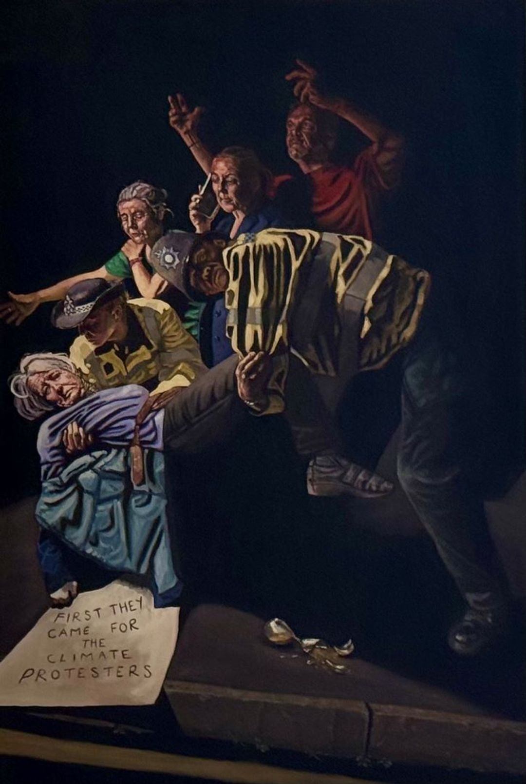 Dark dramatic painting of a police arrest scene with protesters, a sign reading "First They Came For The Climate Protesters".