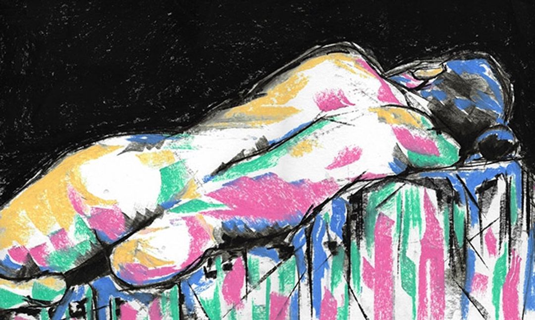 Life drawing in bright colours of a reclining model