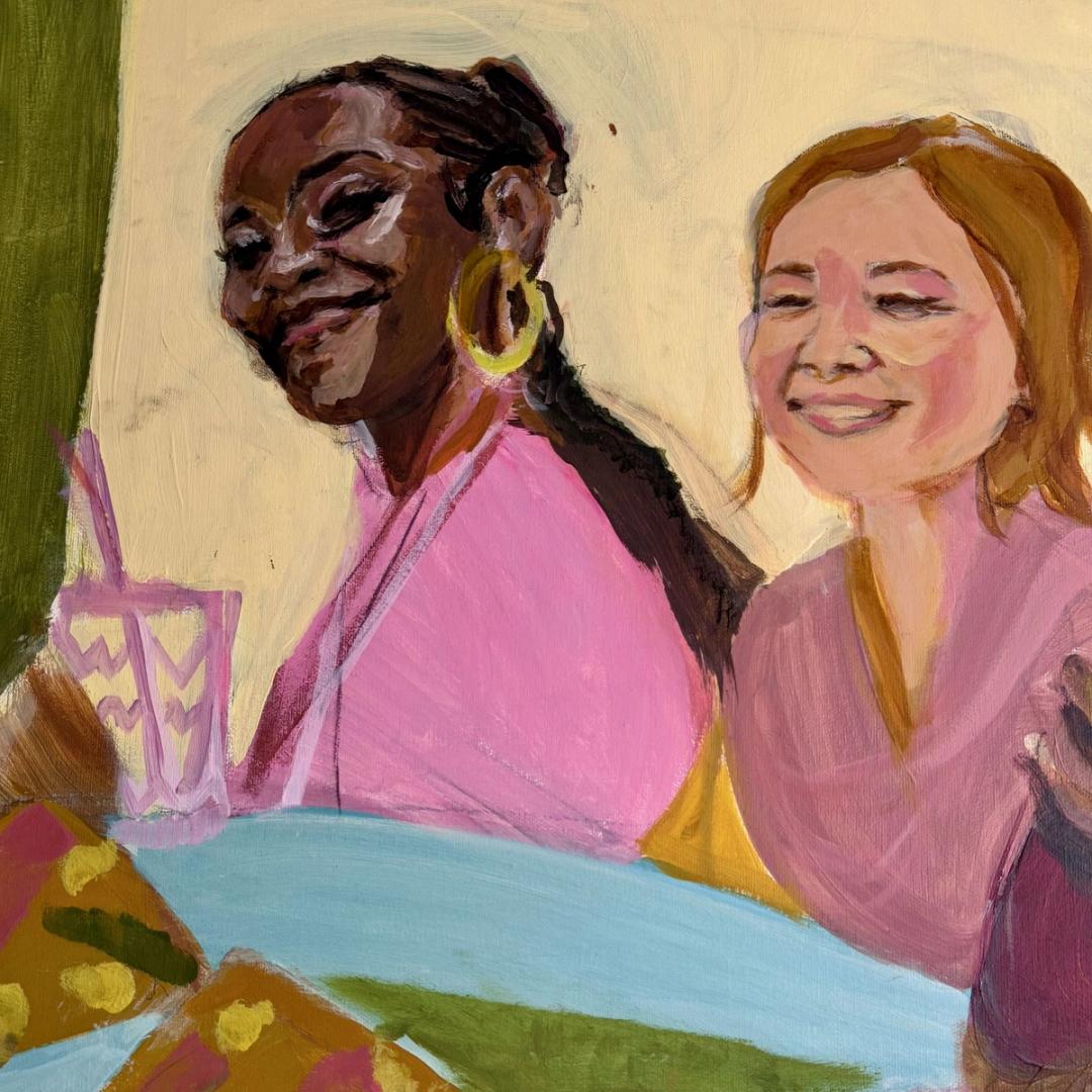 Colourful acrylic painting with bold brush marks. Against a pale yellow background, a young black woman wearing a golden hoop earring smiles at the viewer. Her pink sweater matches her drink. On the light blue table before her are two large wedges of pizza. In a larger crop, we see a young woman with paler toned skin is nearby. She smiles broadly as she looks across the table.