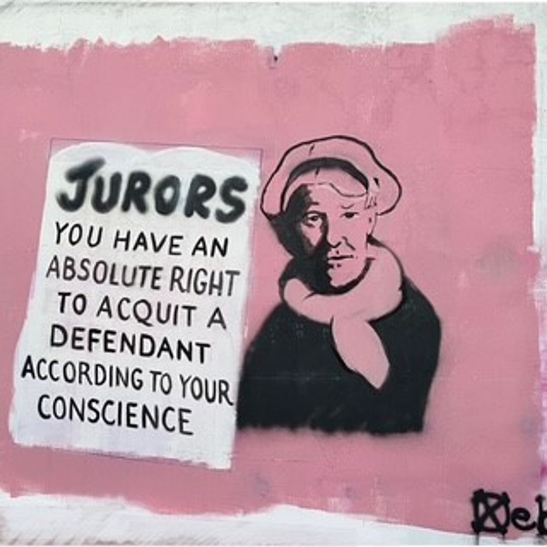 Spray painted mural - a portrait in pink and black of local activist Trudi Warner holding her infamous placard supporting jurors rights