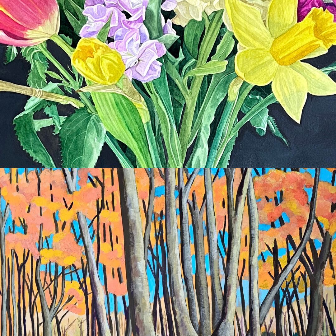 Painting of treeroots turning into flowers a combination of the work of Julia Karl (flowers) and Bob Berry (trees)