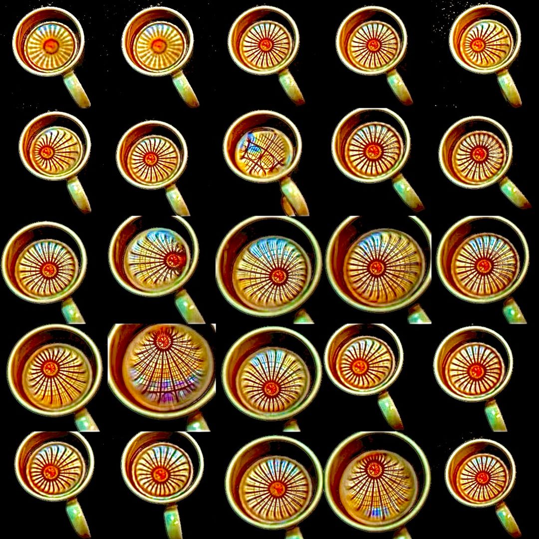 Grid of repeated overhead shots of a ceramic cup with a sunburst pattern inside, some reflecting iridescent light.