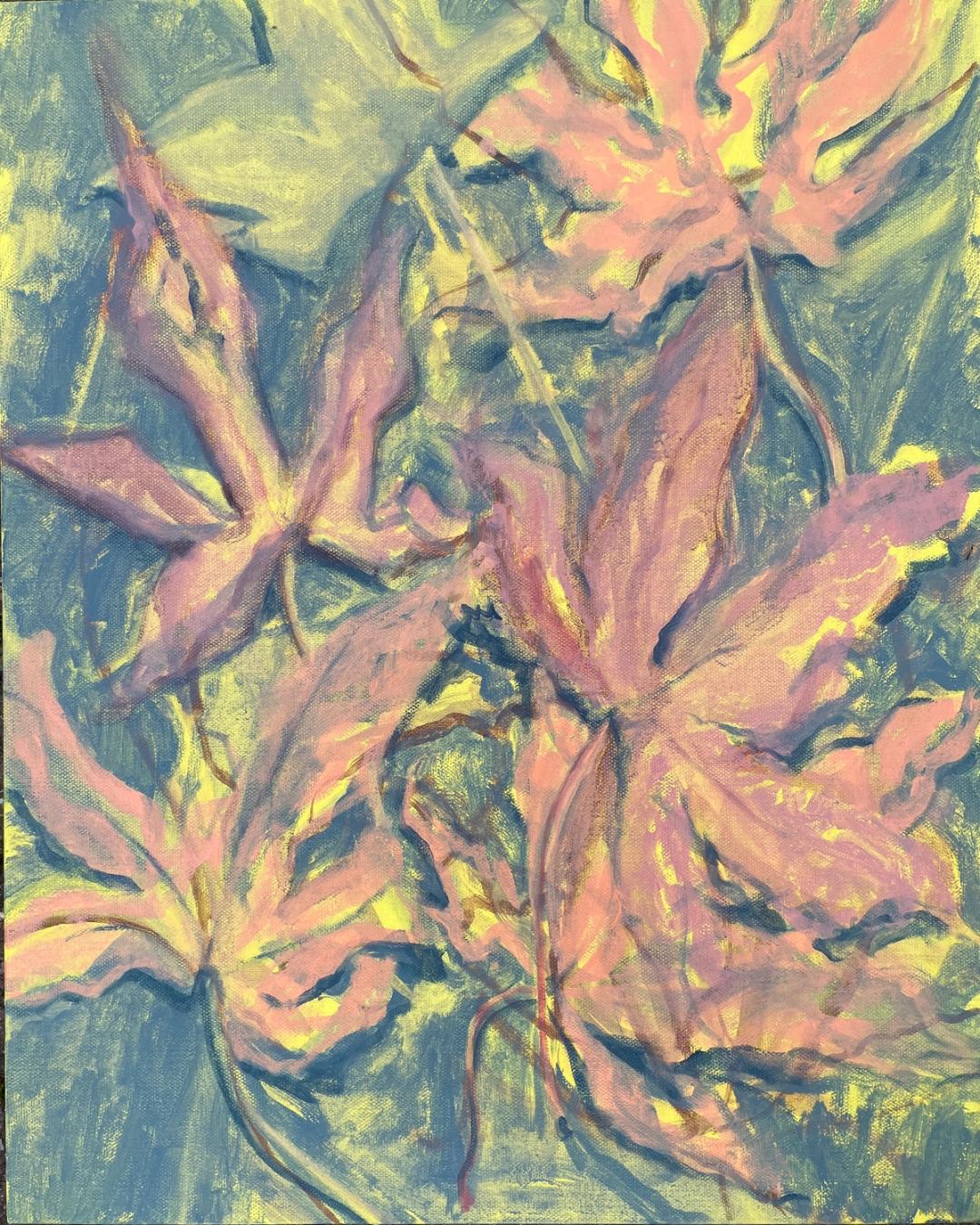Expressive oil painting of overlapping lilies in pink and peach tones against a yellow-green and teal background.