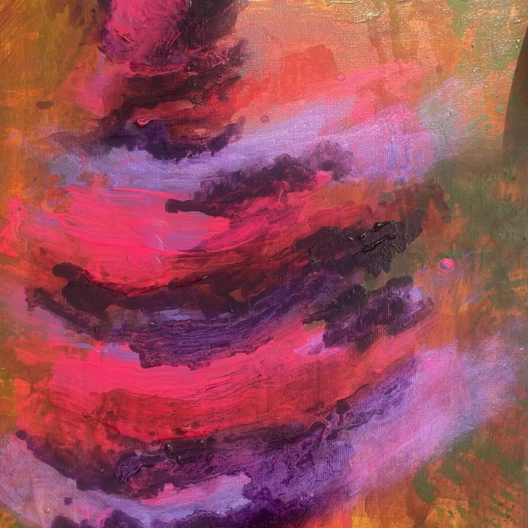 Oil on canvas, abstracted image of the transformation of the millions of cells at larval stage as they develop to the mature butterfly. As a visually impaired artist the haptic quality and heightened colour are often present in my work.