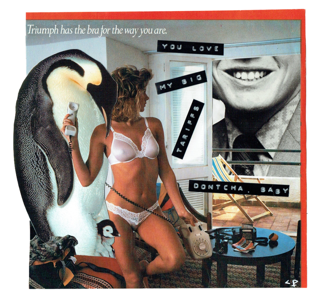Collage Artwork with a woman in underwear, a large penguin next to her, and shes holding a telephone looking out of her window. There a large picture of a man in the window looking in at her, saying 'You like my big tariffs dontcha baby'.