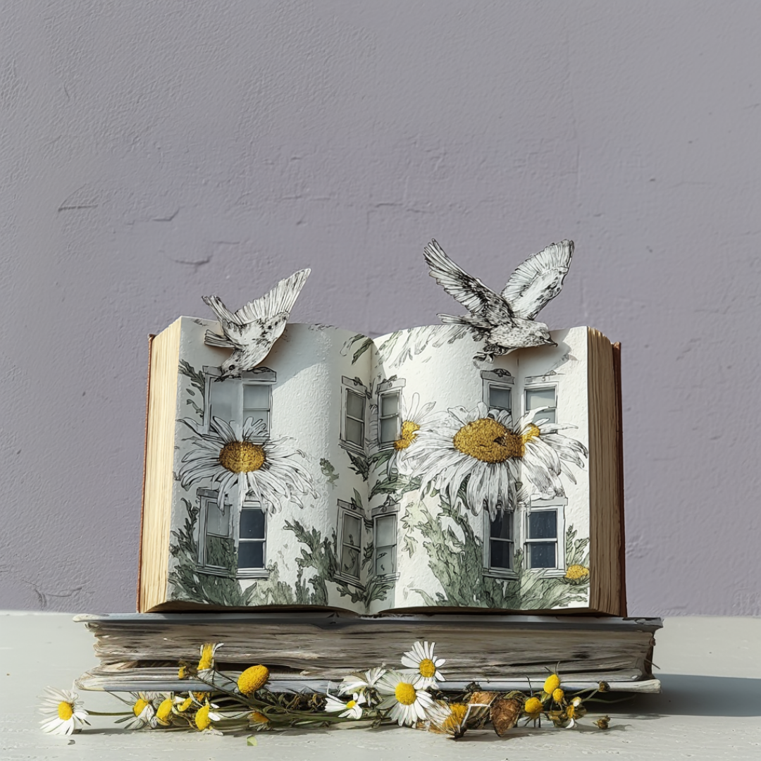 Sabrina Tirvengadum: Altered book art: an open book illustrated with daisies and windows, with two paper birds rising from the pages, surrounded by real daisies.