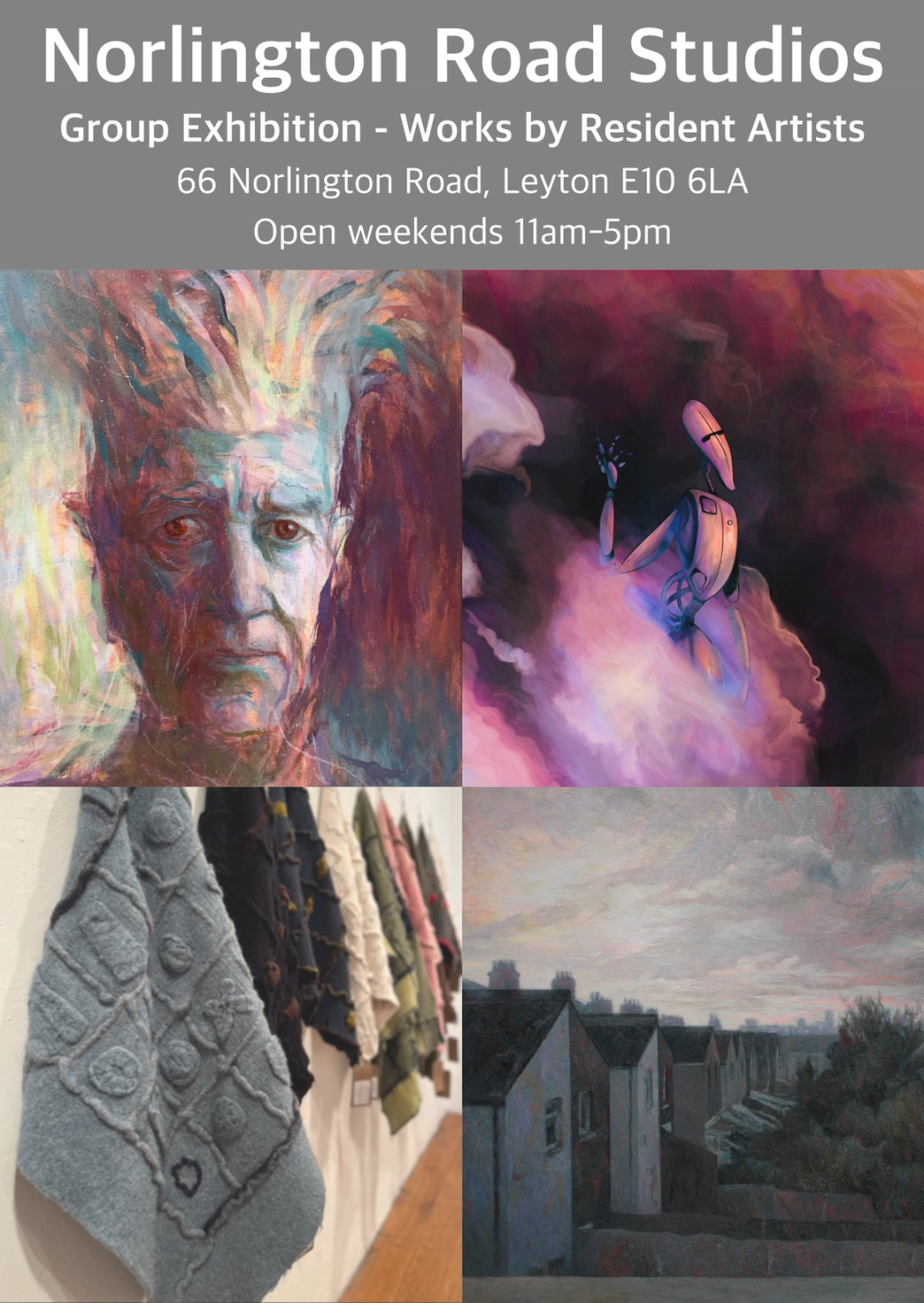 Poster for Norlington Road Studios group exhibition, 66 Norlington Road Leyton, open weekends 11am–5pm, with four artwork previews.