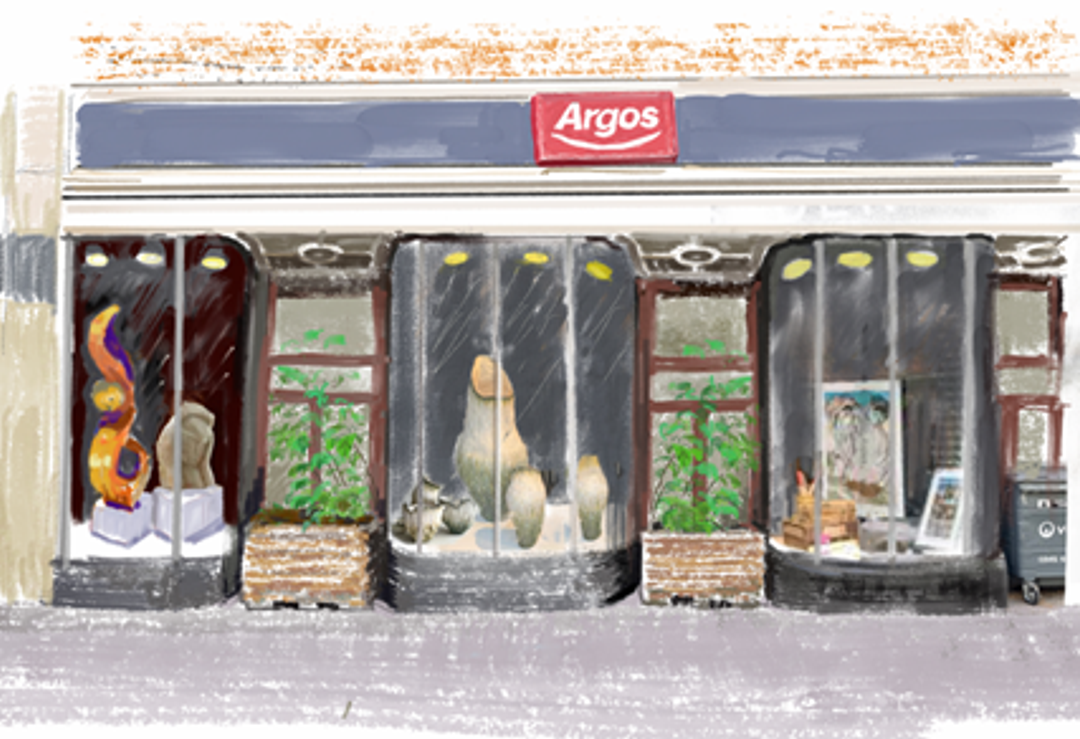 Digital illustration of an Argos shopfront with its windows repurposed as art gallery displays showing sculptures and paintings.