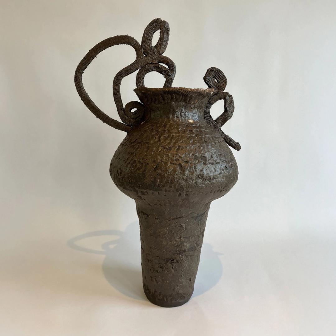 tall kurinuki vessel hand crafted, decorated with oxides, carved and glazed