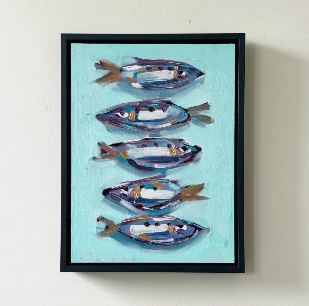 Framed oil painting of five sardines stacked vertically in navy and gold on a mint green background, in a black frame.