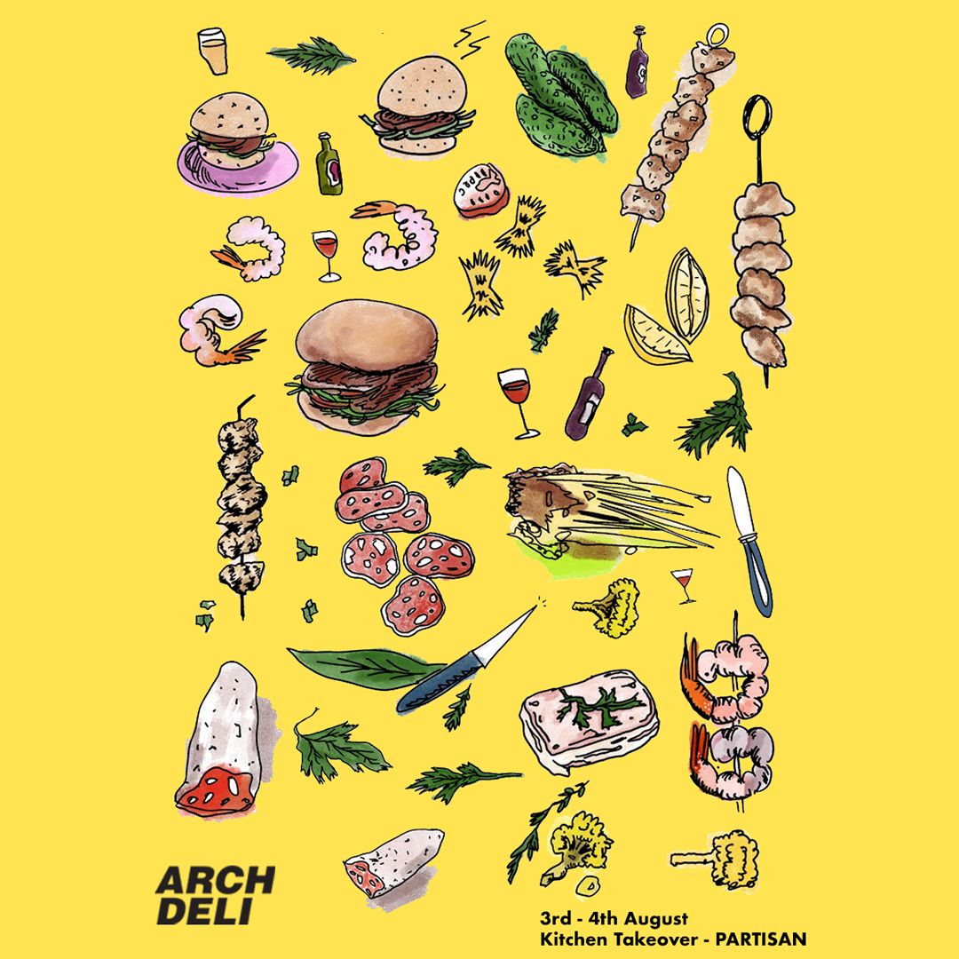 Illustrated poster on yellow background featuring burgers, kebabs, herbs, and ingredients for a kitchen takeover food event.