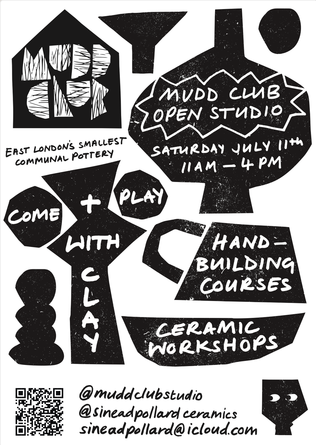  Linocut-style poster for Mudd Club Open Studio, East London's smallest communal pottery, Saturday 11 July, 11am–4pm.
