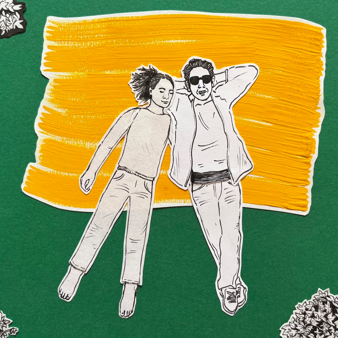 Collage artwork with ink drawing, paint and paper textures showing a birds-eye-view of couple lying down in the middle of a clearing of trees.