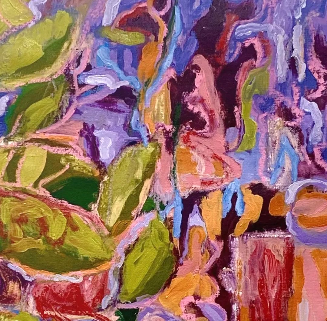 Abstract painting in oils of an interior with foliage in a range of vibrant colours.