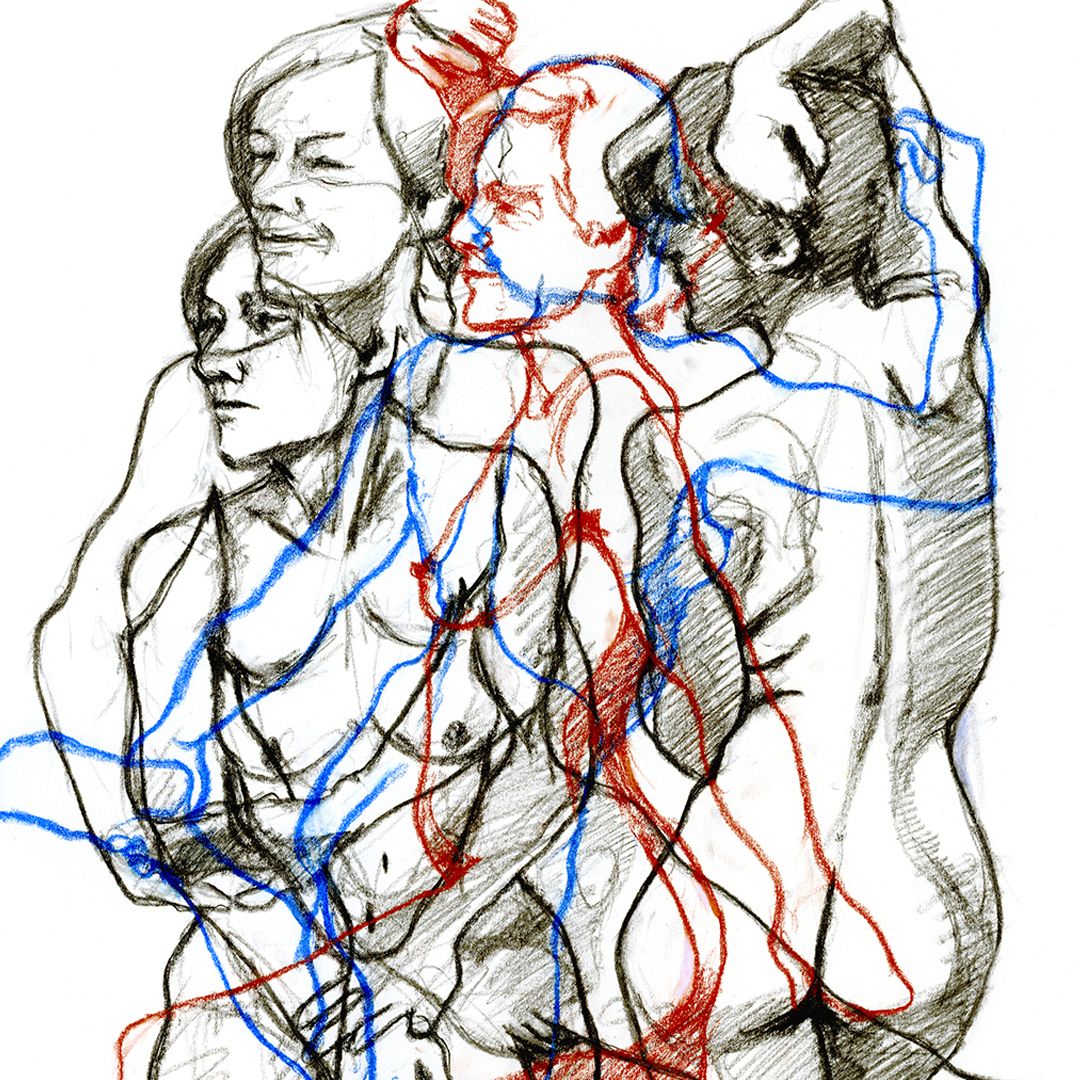 life drawing in 3 coloured lines