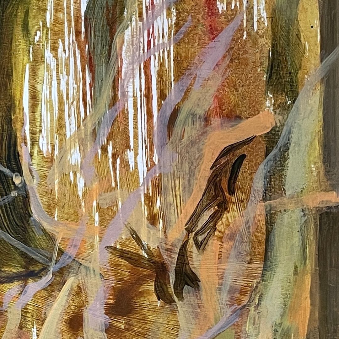 Painting using acrylic paint on paper, mark making and colour to evoke light filtered through trees.