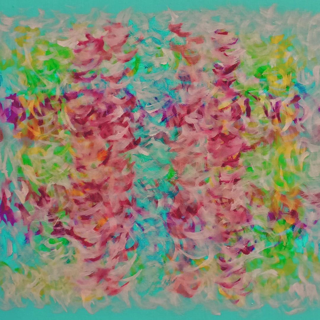 Abstract painting of dense swirling marks in pink, red and green on a turquoise background, evoking a rag rug texture.