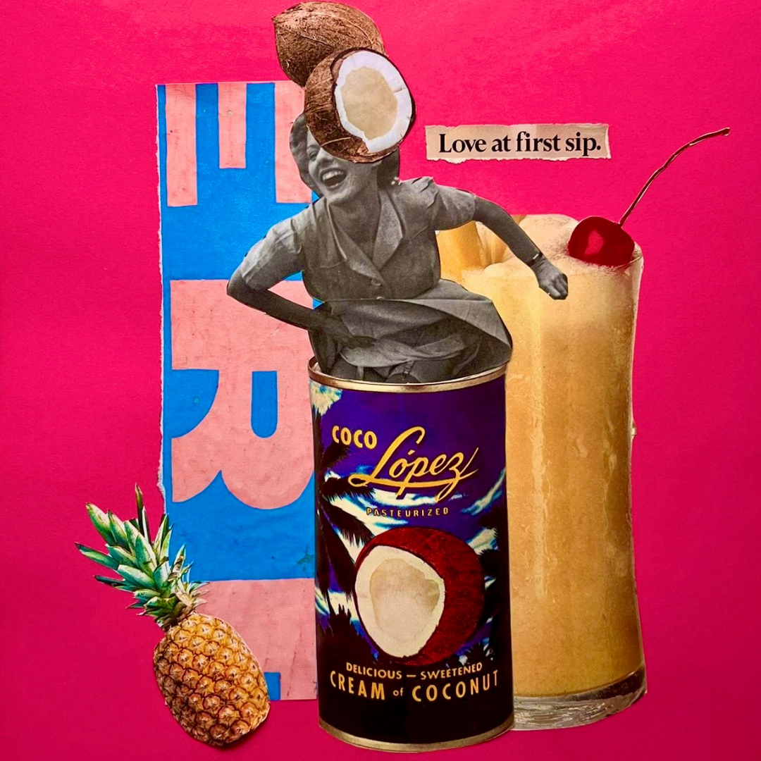 ‘Love at First Sip’ is an original handmade collage that blends retro nostalgia with the vibrant joy of summertime.