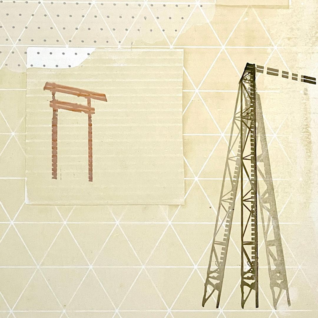 Screen print utilising patterns and icons to create imaginary landscape