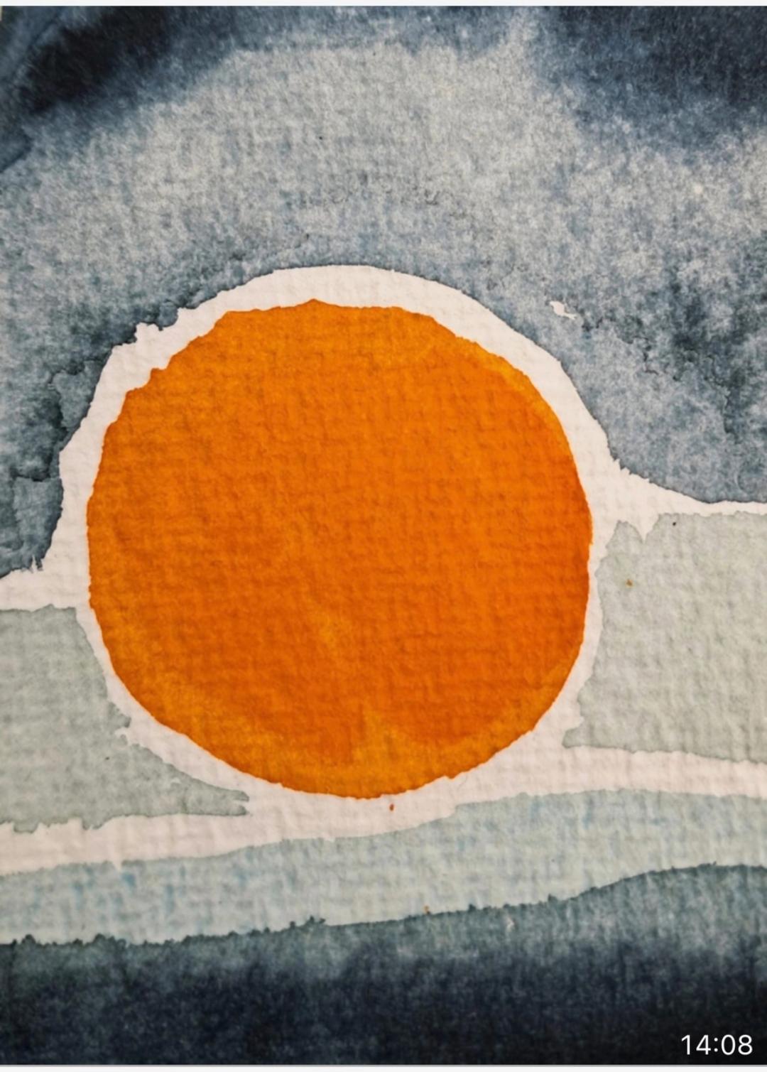 Watercolour painting of an orange sun or circle surrounded by a white halo, set against layered grey-blue washes.