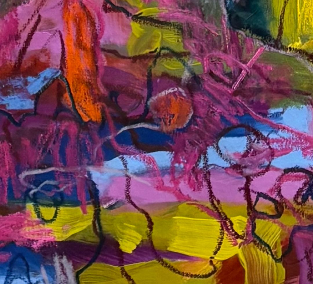 Expressive painting of an abstract landscape with towering pink and yellow rock formations under a pale blue cloudy sky.