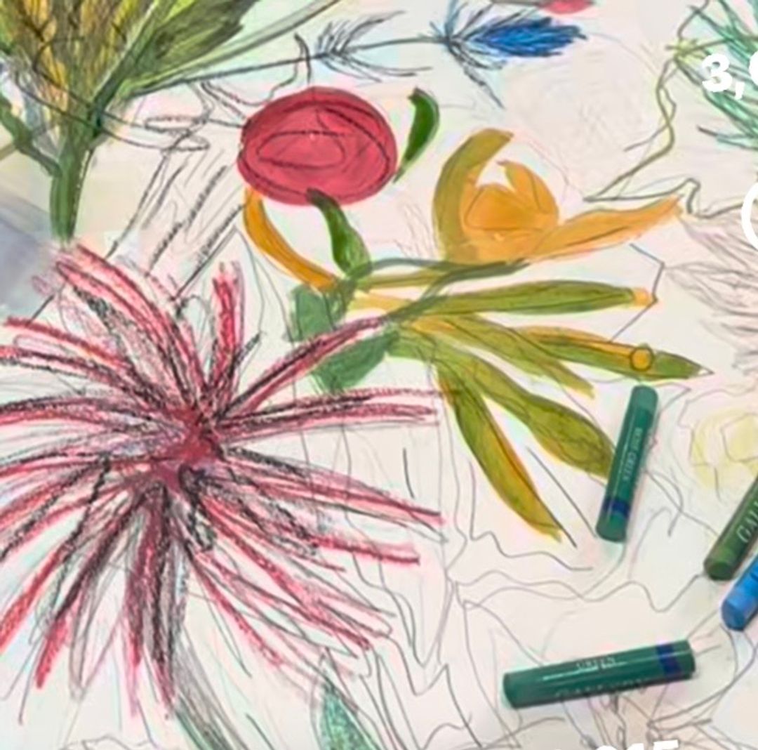 Alison Chaplin: Botanical drawing of flowers in pastel and pencil, including a red rose, orange bloom and spiky pink flower, with crayons nearby.