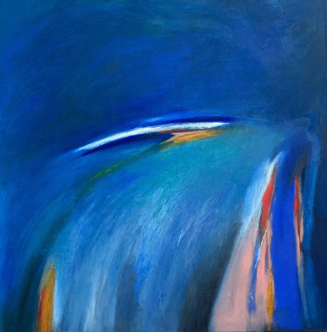 Abstract oil painting dominated by deep cobalt blue, with a sweeping arc of teal, white, red and gold accent strokes.