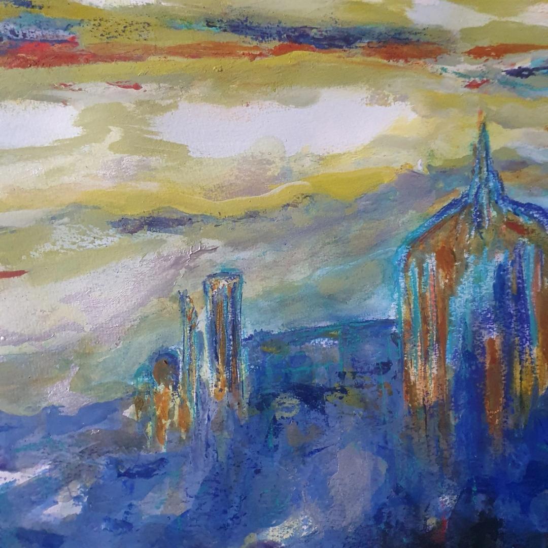 Medici ;detail taken from the A1 landscape painting of Florence, which looks downwards, into a wonderful blue-silver sea of roof tops, dominated to the right by the Cathédrale Santa Maria del Fiore and the famous Florence bridges on the left, interlaced with delicate turquoise and green hues.