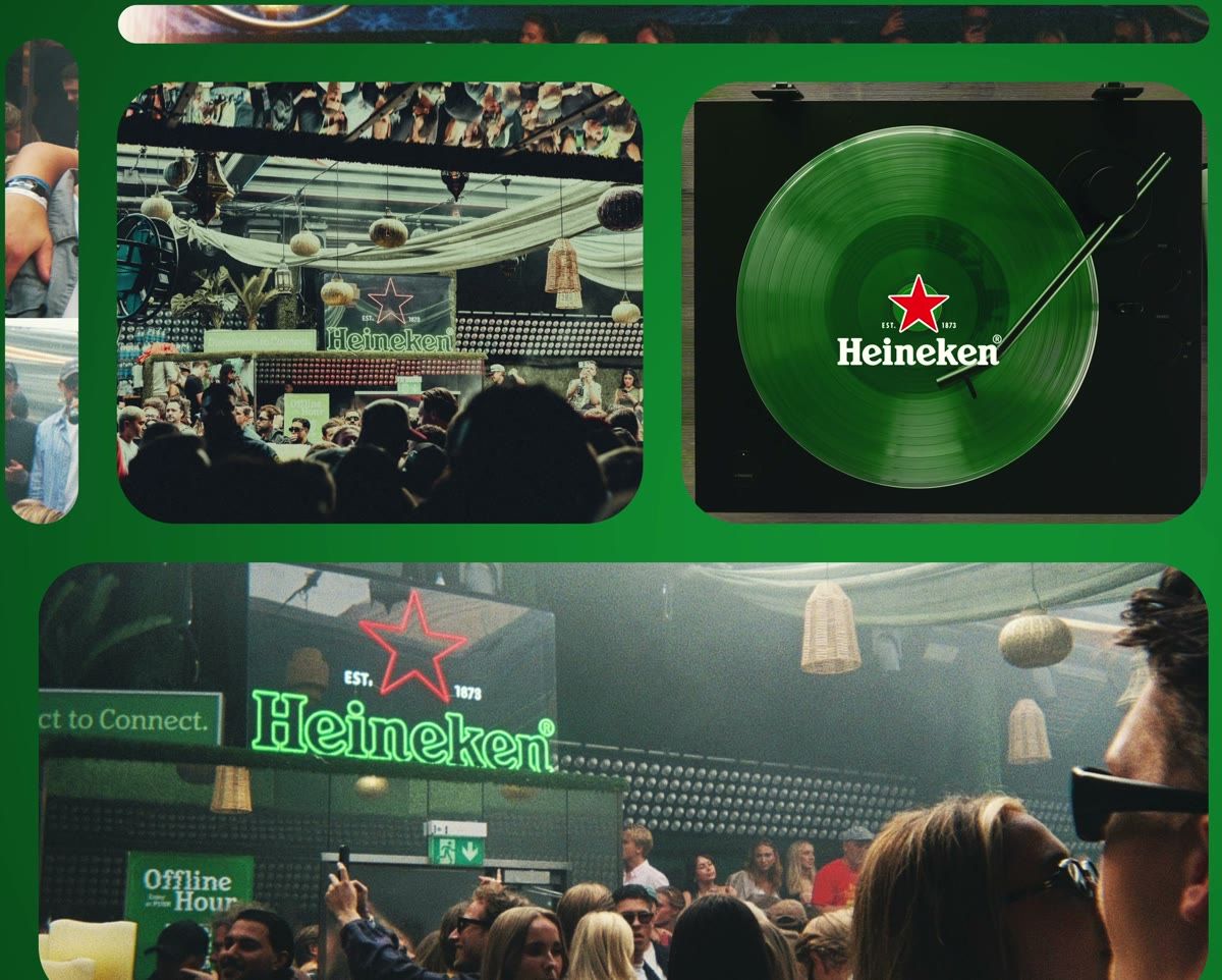 Kollage från Heineken-event med grön vinylspelare
