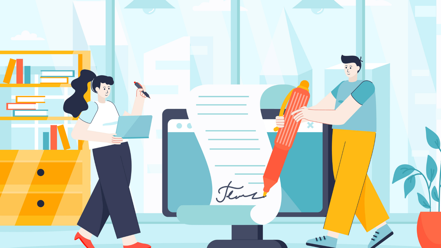 A graphic of two people signing a digital waiver.