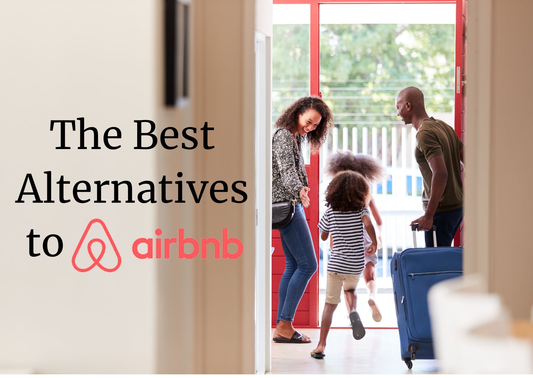 A family with young kids leaving an airbnb with their luggage.