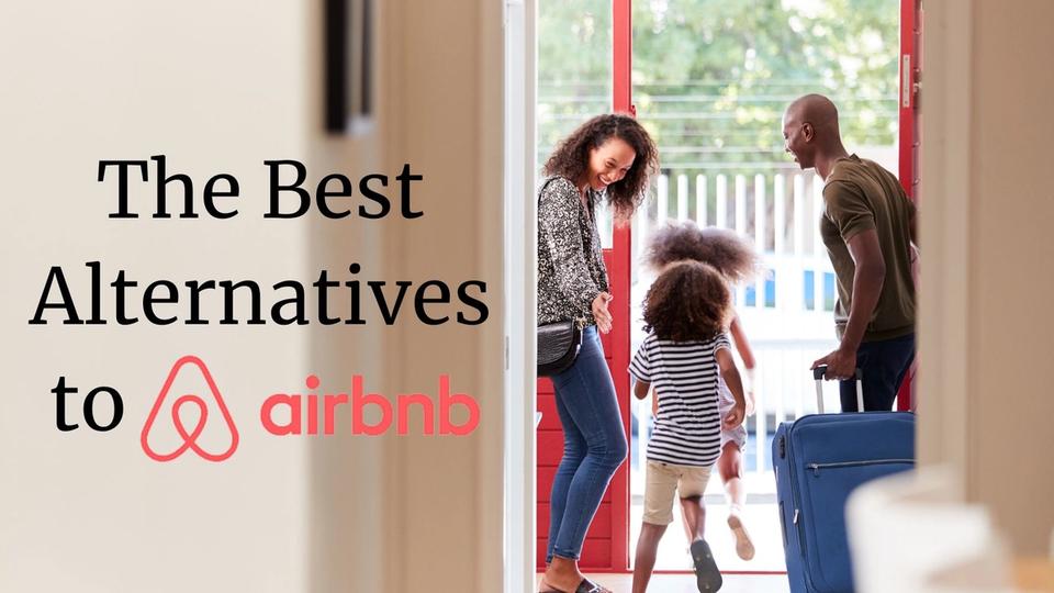 A family with young kids leaving an airbnb with their luggage.