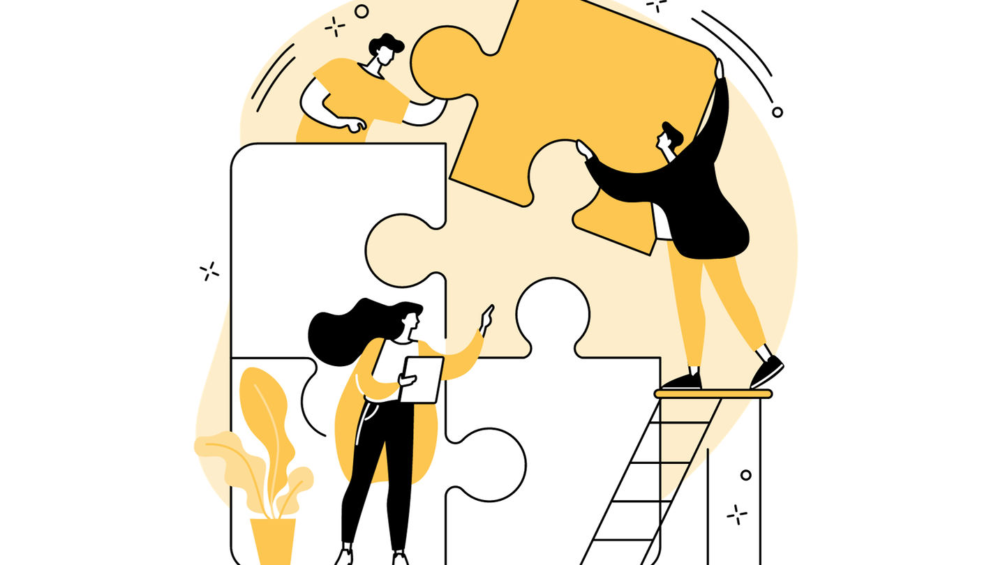 A yellow and white graphic of several figures putting large puzzle pieces together.