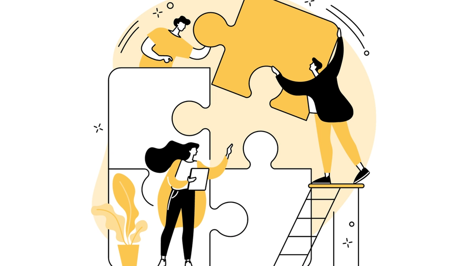 A yellow and white graphic of several figures putting large puzzle pieces together.