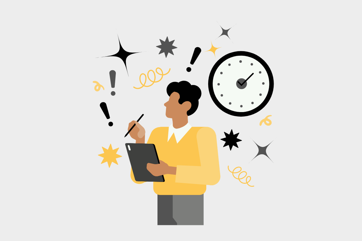 A grey, yellow, and black graphic of a man with a todo list.